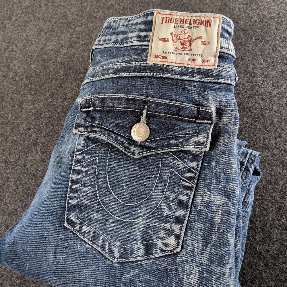 True Religion Mid Rise Distressed Blue Jeans